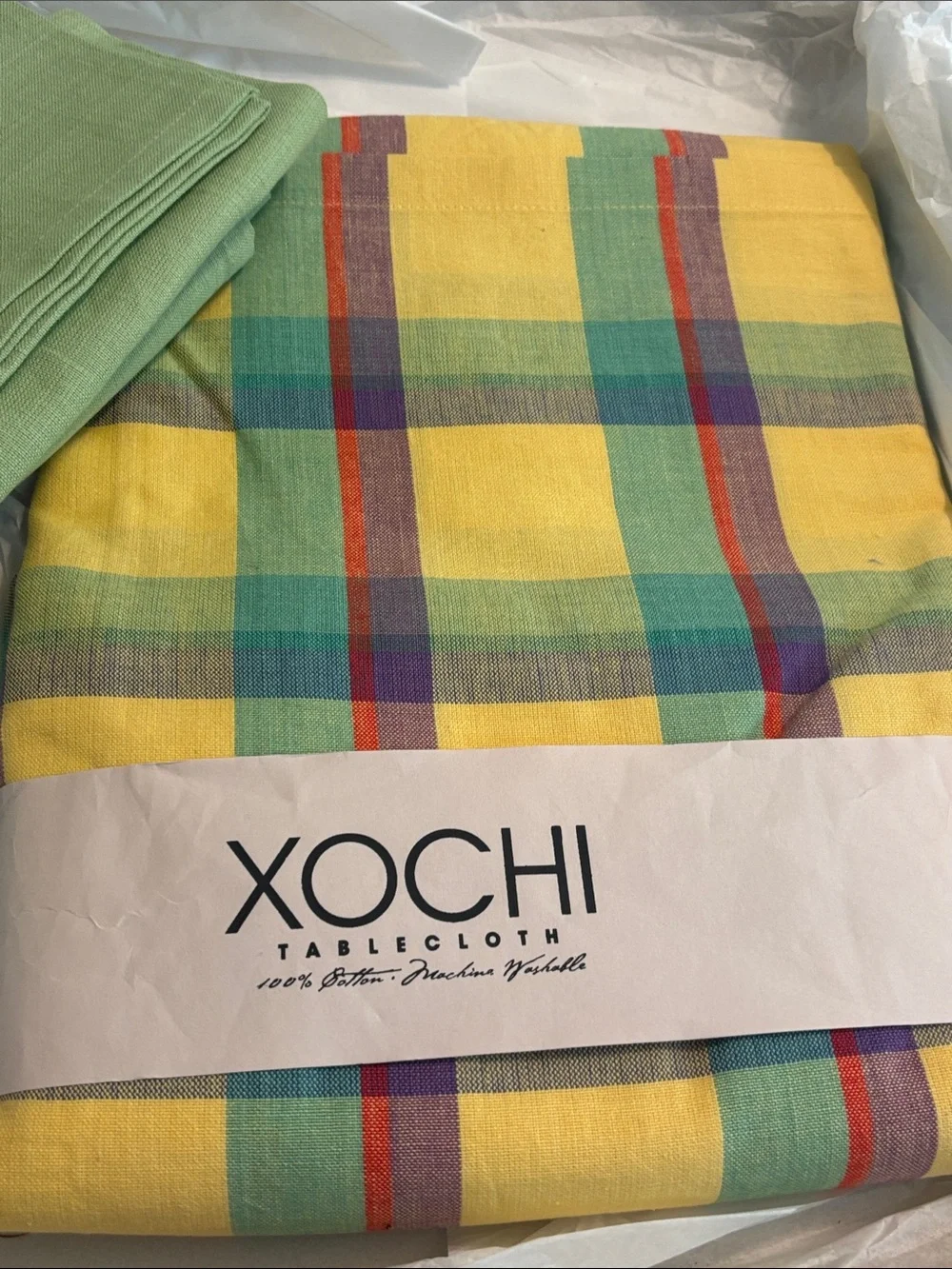 Yellow Plaid Tablecloth with Multicolor Stripes with 6 green cloth napkins